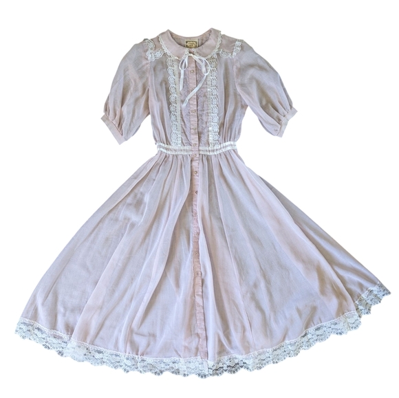 Gunne Sax Vintage Pastel Sheer Lace Button-Up Midi Girlhood Blouson Dress Size 5 - Picture 14 of 16